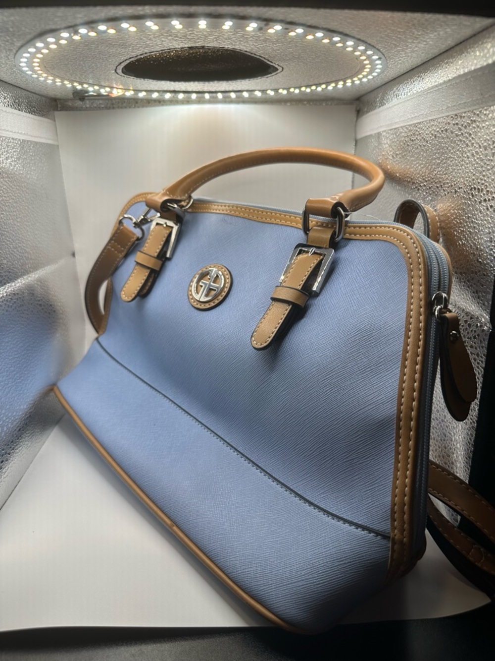 Giani Bernini Light Blue Satchel with Tan Trim and Top Handles